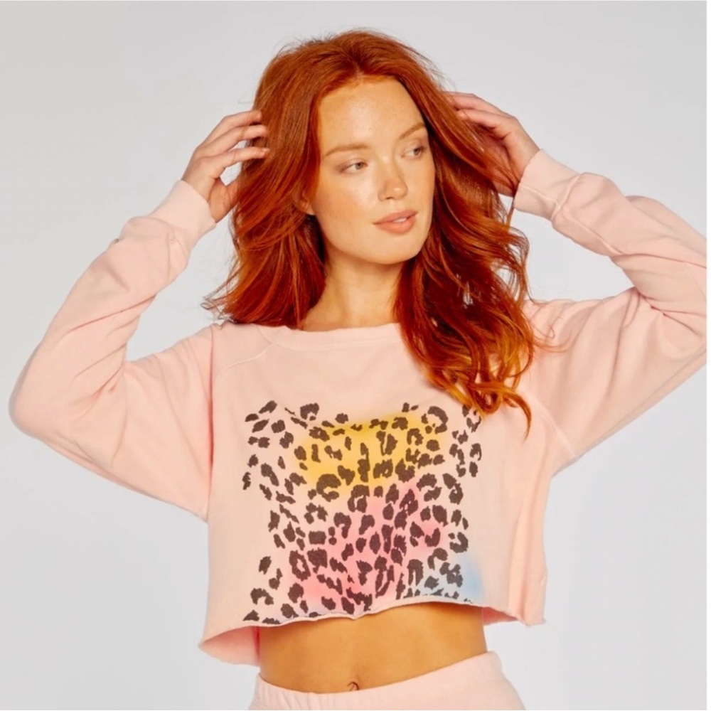 NWT Wildfox World Tour Airbrushed Leopard Print Crop Crewneck Sweatshirt Large